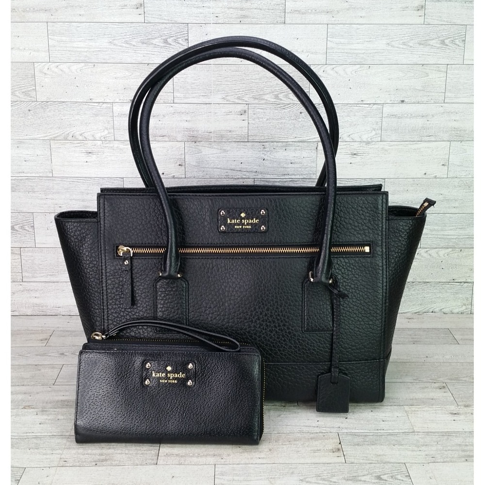 Kate Spade Southport Avenue Oden Black Leather Tote Shoulder Bag Wallet Set Lot